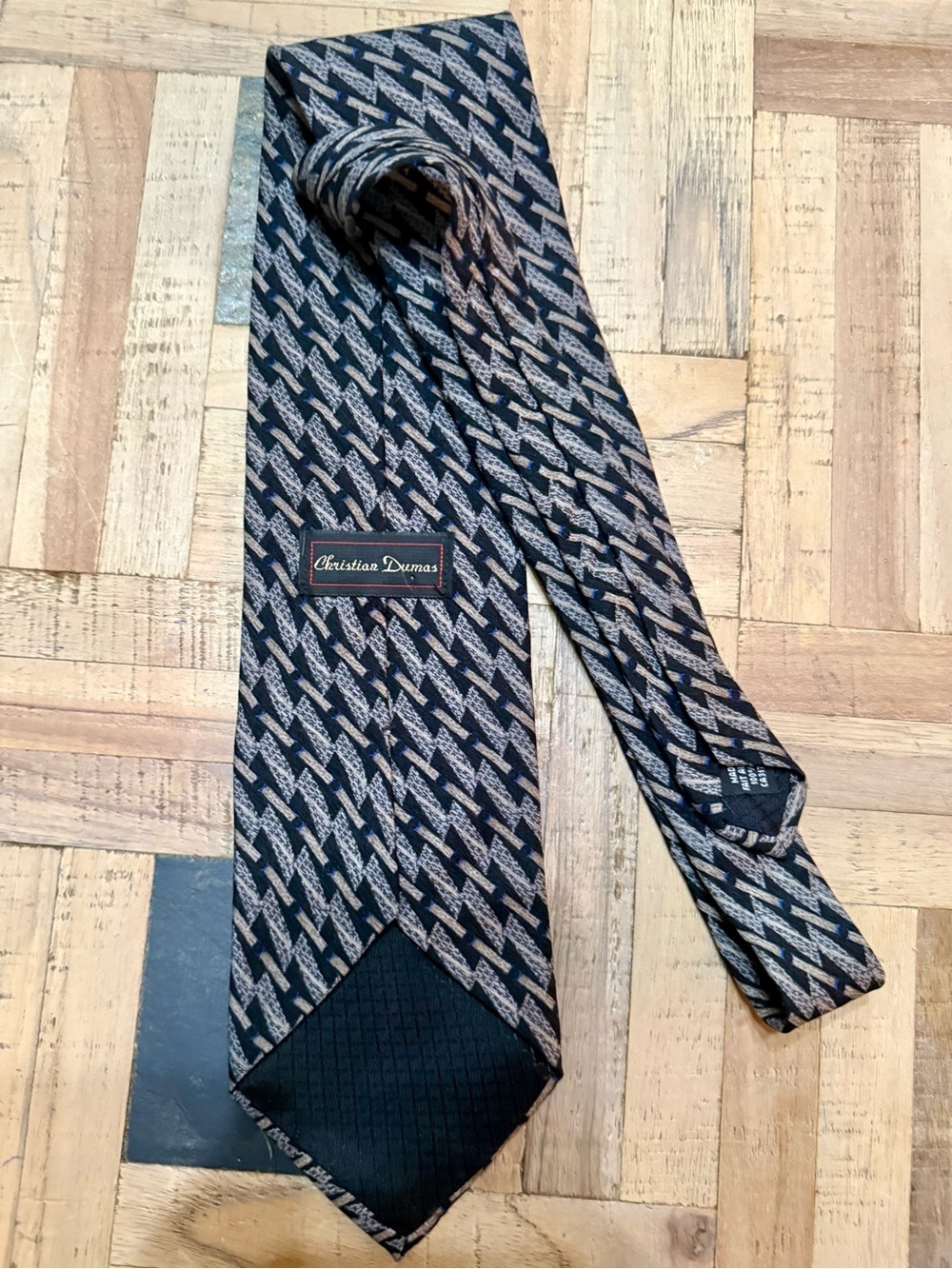 Christian Dumas Silk Necktie – Retro 90s Geometric Print – Charcoal & Navy Blue